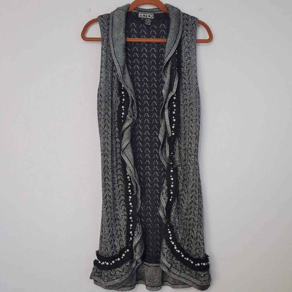 Vintage Y2K Sleeveless Beaded Open Knit Longline Cardigan size S Fairy Grunge